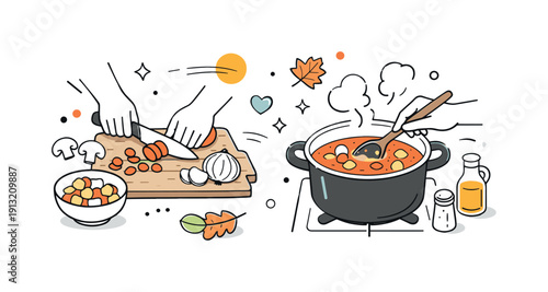 Autumn soup preparation. Hands chopping vegetables and stirring soup in a pot, calm focused cooking process. Friendly kitchen atmosphere with