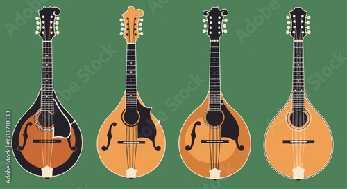 Set of four diverse mandolin string instruments shown in different wood finishes and shapes on a dark green background for musicians.