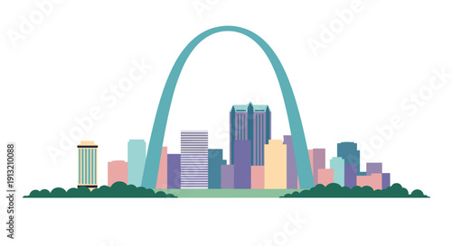 Colorful graphic skyline of St. Louis Missouri featuring the iconic Gateway Arch silhouette and skyscrapers on a plain background.