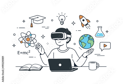 Virtual Learning Immersion. Virtual learning experience. Person sitting at a desk wearing a VR headset, interacting with floating educational icons and 3D