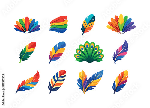 Exotic Bird Feathers. Colorful flat vector icons set of Exotic Bird Feathers: tropical feather fan, layered tail colors, wild bird pattern,