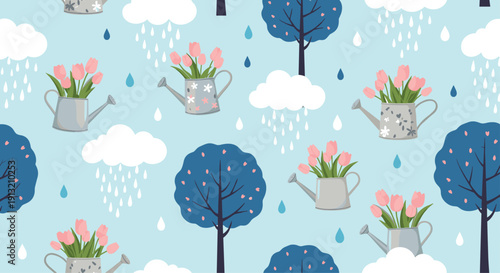 Seamless spring pattern with rainy clouds, blue trees, and metal watering cans filled with pink tulips on a light blue background.