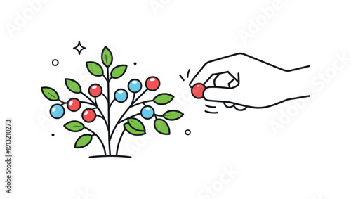 Spring berries moment. A minimal bush with bright berries being picked one by one, gentle motion lines showing careful movement.