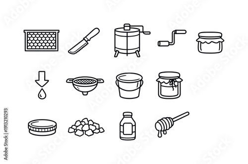 Honey Harvesting Icons. Honey Harvesting. Line icon set of Honey Harvesting: honeycomb frame, uncapping knife, extractor drum, spinning handle, honey flow