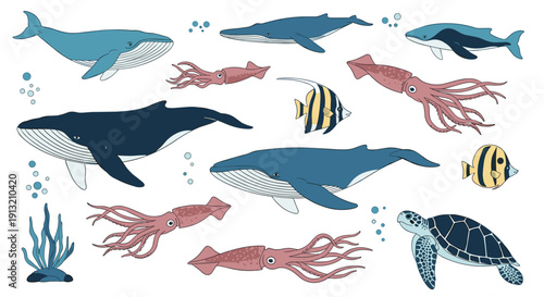 Diverse collection of ocean animals including large whales, squids, a sea turtle, and tropical fish swimming together underwater.