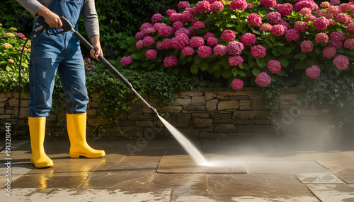 Tableau sur toile Person in yellow boots pressure washes a stone patio with pink hydrangeas in the background
