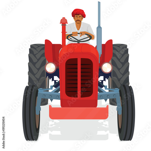 Indian Farmer Driving Tractor, Indian Farmer Operating Tractor in Agriculture, 