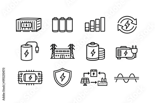 Energy storage systems. Line icon set of Energy storage systems: battery container, lithium battery cells, charge level bars, charging