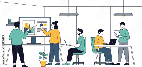 Four colleagues collaborating in a modern office setting with laptops and whiteboard