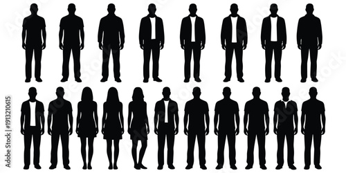 Collection of male and female silhouettes in various casual and formal attire people women