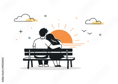 Golden Hour Romance. Romantic golden hour scene. A couple sitting on a bench watching the sky change colors at sunset, relaxed posture and gentle warmth.