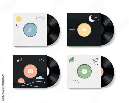 Vinyl Cover Collection. Vinyl record sleeve mockups. Collection of album covers arranged clearly with round cut-outs revealing disc labels, highlighting