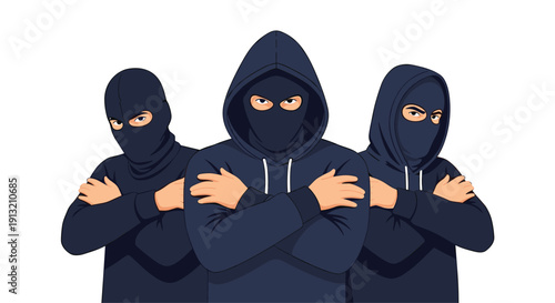 Group of three suspicious people wearing dark blue hoodies and black face masks standing with their arms crossed as hackers.