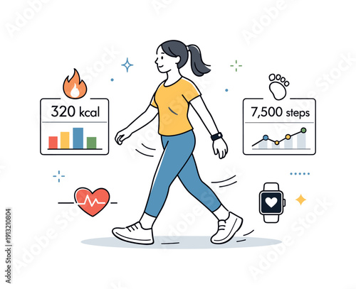 Fitness tracking and activity. A person walking or stretching while wearing wearable health tech, gentle motion lines showing movement,