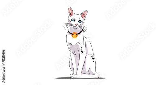 Alert white cat with blue eyes and a gold bell on its black collar sitting upright on a plain white background for pet themes.