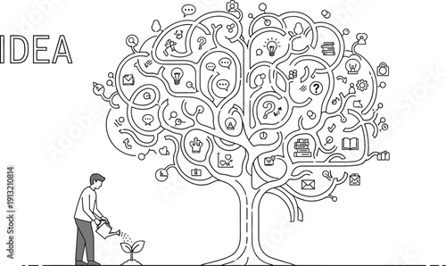 Man watering a tree with dollar bills and coins for leaves