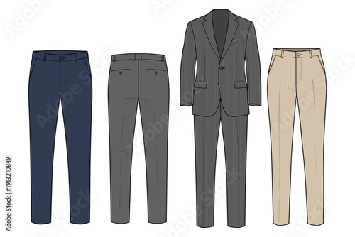 Collection of men's suit trousers and a pinstripe suit jacket Keywords: men's clothing, formal wear, business attire, fashion