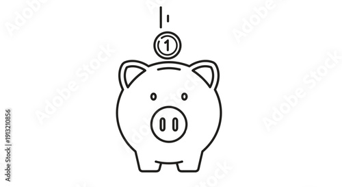 Minimalist outline drawing of a piggy bank with a single coin being dropped into the slot to represent saving and finance.