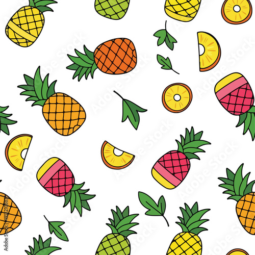 Vibrant cartoon pineapples and slices scattered randomly, viewed from directly above, in a lively illustration pattern