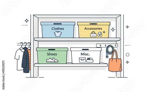 Minimal closet storage. Simple custom bins inside a modern closet, labels indicating categories like clothes or accessories. Clear,