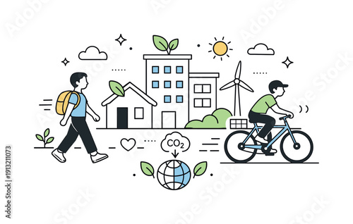 Green commuting. A person walking and cycling past simple buildings with leaf icons, showing conscious daily transportation and reduced