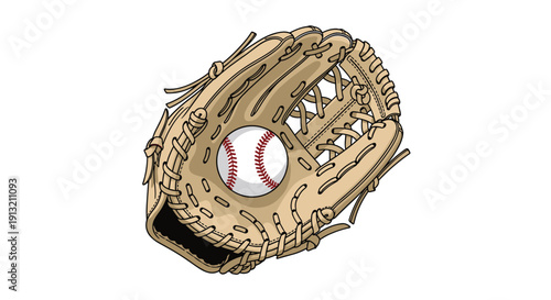 Classic leather baseball glove holding a ball with red stitching on a plain white background for sports equipment themes.