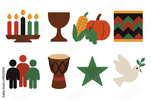 Kwanzaa Symbols Vector. Kwanzaa Principles flat icons: red, green, and black candles, unity cup, harvest fruits, African textile, community circle, drum, star symbol, peace dove.