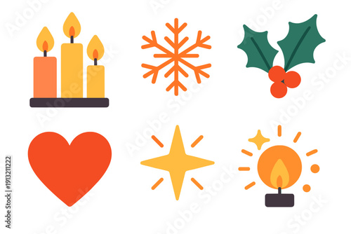 Festive Icon Trio. Advent Joy flat icons: candle trio, snowflake, holly leaf, heart, shining star, warm glow.