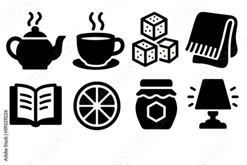 Tea Time Icons. Tea Time Comfort silhouette set: steaming teapot, teacup, sugar cubes, cozy blanket, open book, lemon slice, honey jar, soft light.