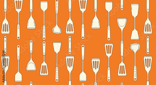 Seamless pattern of various kitchen spatulas and kitchenware tools on a bright orange background for culinary themes.