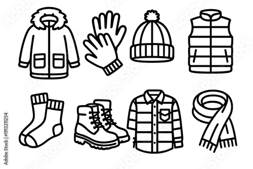 Winter Wear Icons. Winter Clothing outline icons: parka coat, knitted gloves, pom-pom hat, puffer vest, wool socks, heavy boots, flannel shirt, cozy scarf.