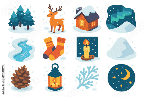 Nordic Winter Icons. Winter Snowfall Nordic Calm flat icons: snowy forest, reindeer, cabin light, northern lights, frozen river, wool socks, candle in window, snow hill, pinecone,