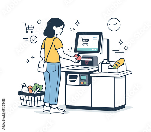 Seamless Self-Checkout Interaction. Retail self-checkout technology. A customer interacting with a self-checkout terminal, scanning groceries with smooth,