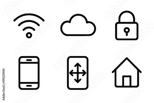Digital Connectivity Icons. Remote Access outline icons: Wi-Fi signal, cloud icon, lock symbol, smartphone screen, control arrows, home icon.