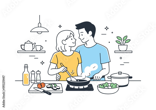 Quiet time in the kitchen. A couple standing close while cooking dinner, exchanging smiles and enjoying silence together. Clean editorial