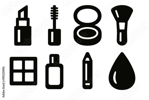 Brutalist Makeup Icons. Makeup Essentials silhouette set: lipstick, mascara wand, compact powder, blush brush, eyeshadow palette, foundation bottle, eyeliner pencil, makeup sponge.