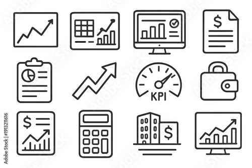 Investment Tools Icons. Professional Investment Tools outline icons: corporate chart, structured portfolio tracker, verified dashboard, financial document, performance report,