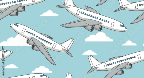 Seamless pattern of white commercial airplanes flying through a blue sky with soft white clouds for travel and aviation themes.