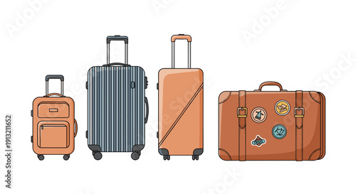 Selection of modern orange and grey travel suitcases and a vintage trunk with travel stickers for world adventure themes.