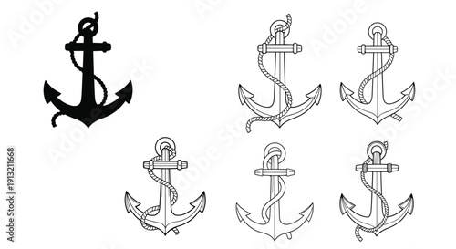 Set of black and white nautical anchor illustrations with ropes in various styles for maritime and tattoo design concepts.