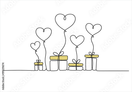 Minimalist continuous line art drawing featuring five heart-shaped balloons tethered to wrapped gift boxes on white background