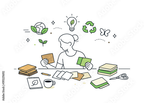 Inspirational design with ecology materials trend. Designer working with natural materials like wood, paper, and fabric samples on a clean