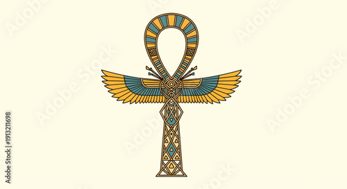 Ornate Egyptian ankh symbol decorated with golden wings and intricate patterns isolated on a soft cream background.