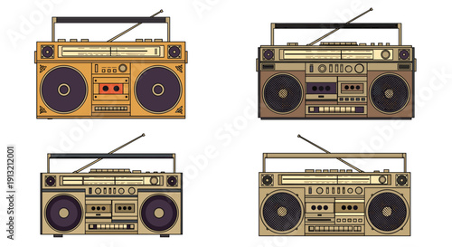 Collection of four classic retro boombox stereos in various shades of brown and gold for nostalgic music and audio themes.