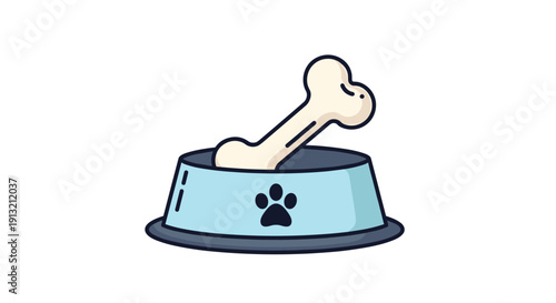 Simple blue dog food bowl containing a large bone with a paw print icon on the side isolated on white.