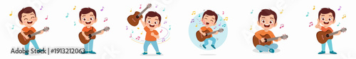 Cartoon Joyful Boy Character Playing Ukulele and Singing with Musical Notes