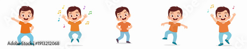 Cartoon Style Energetic Little Boy Characters Happy Dancing and Having Fun