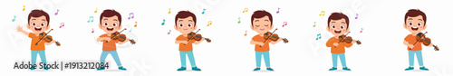 Cartoon Cheerful Boy Playing Violin Different Poses Character Illustration