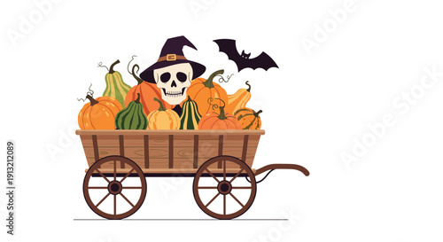 Rustic wooden wagon filled with assorted pumpkins and a skull wearing a witch hat under a flying bat for Halloween.