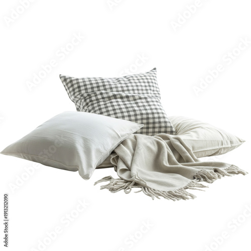 Cozy bedroom essentials with pillows and throw blanket Isolated on a Transparent Background